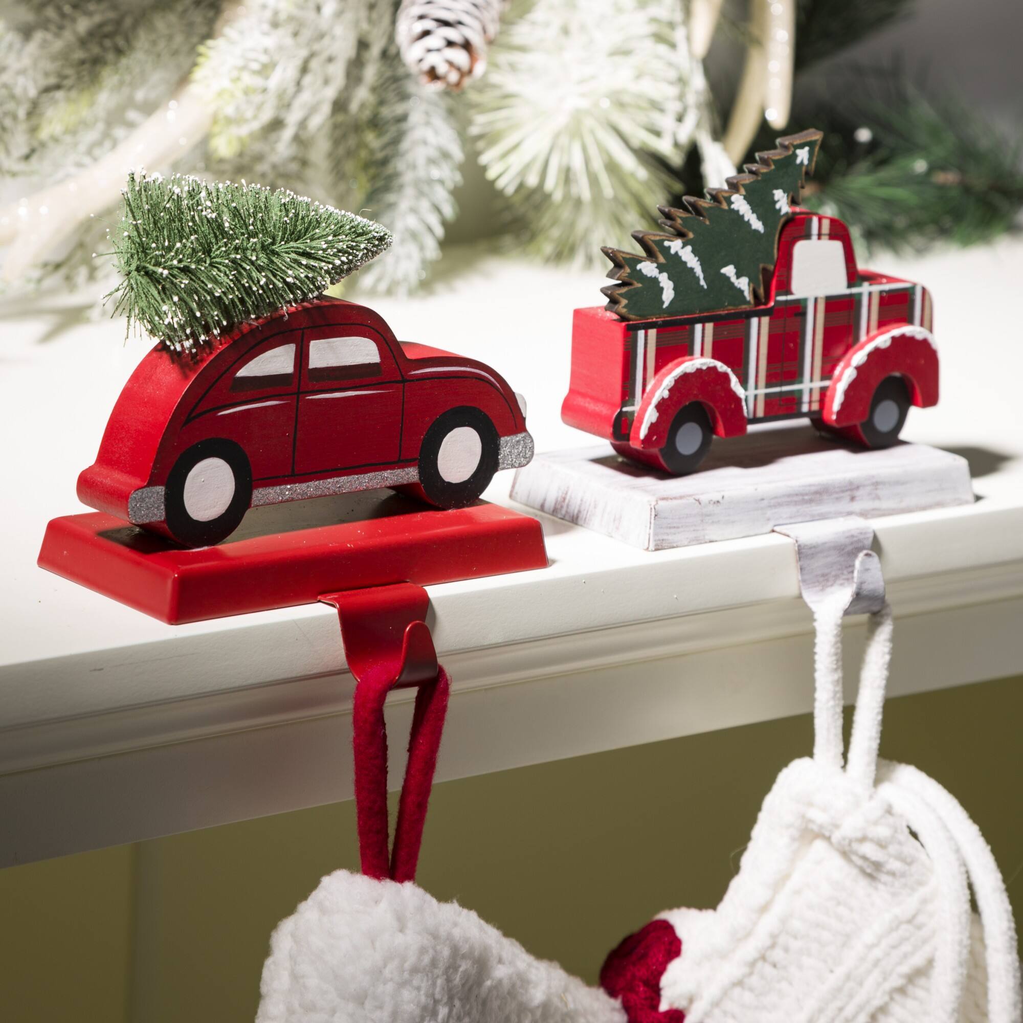 Glitzhome® 6" Red Car & Truck Stocking Holder Set